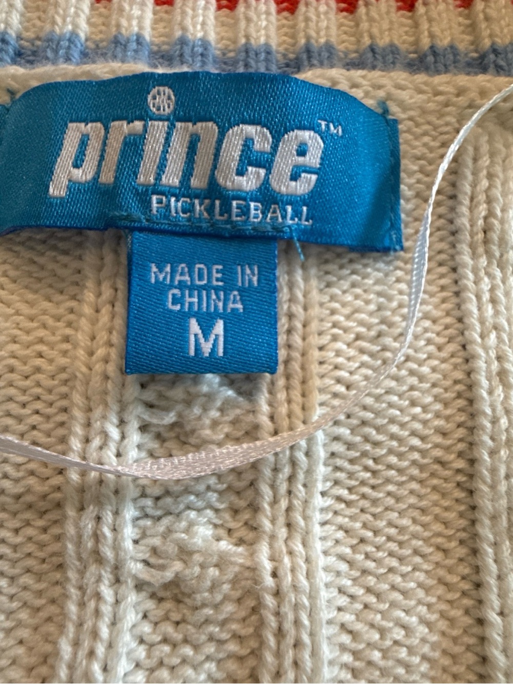 Prince Cream Cable Knit Cardigan with Red & Blue Stripe Trim - Picture 2 of 13